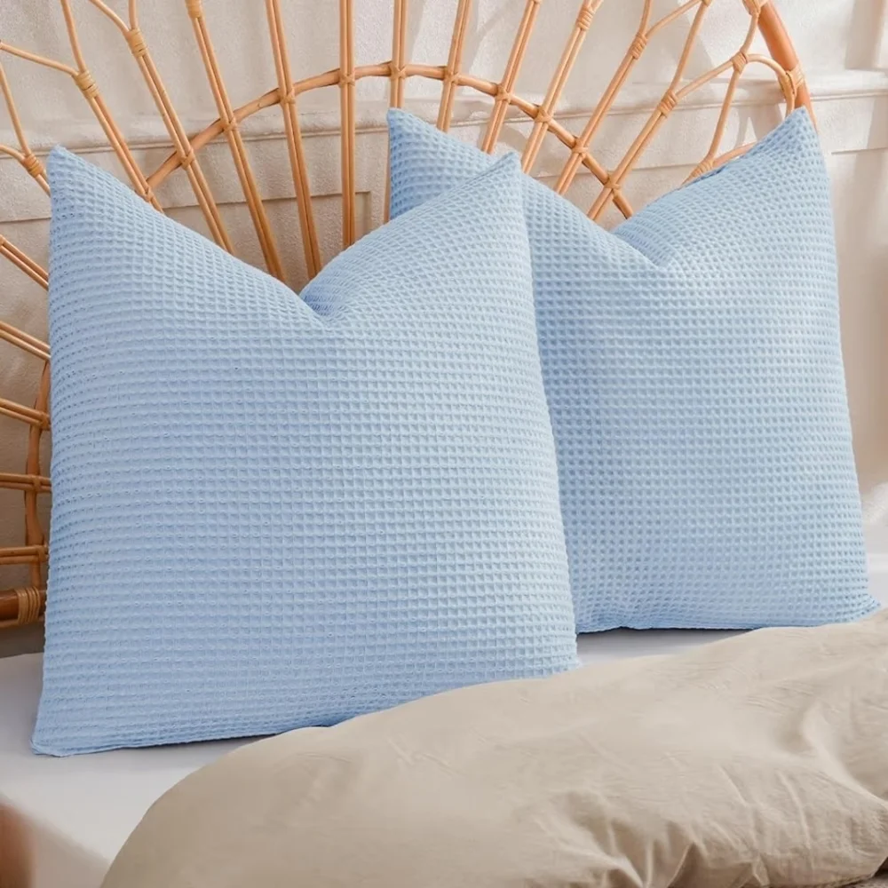 Set Of 2 Sky Blue Waffle Textured Euro Pillow Covers Size 26 X 26